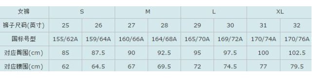 衣服尺码对照表