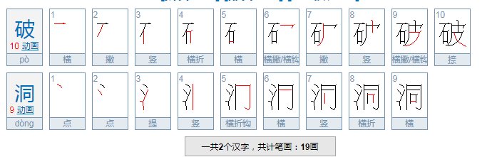 破洞二个字共有多少笔划